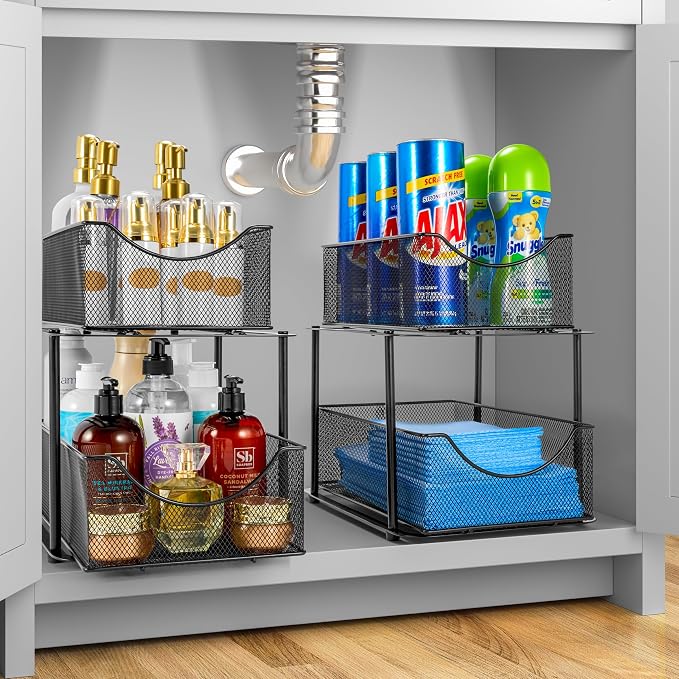 Sorbus 2 Tier Metal Under Sink Organizer for Bathroom, Kitchen, Strong Steel Mesh Sliding Drawers for Under Sink, Under Cabinet, Closet, Kitchen, Pantry, Bathroom Organizers and Storage (Black) - Image 2