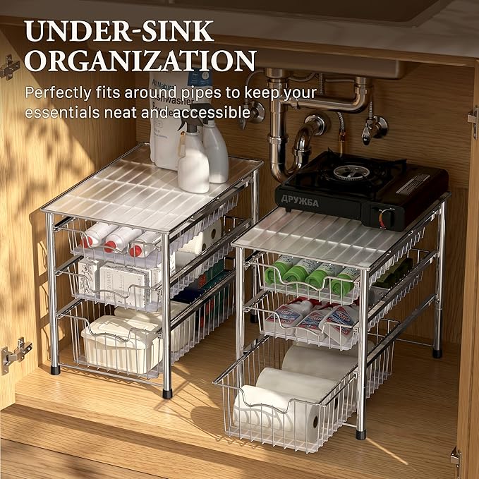 Simple Houseware Stackable 3 Tier Sliding Basket Organizer Drawer, Chrome (Pack of 2) - Image 6