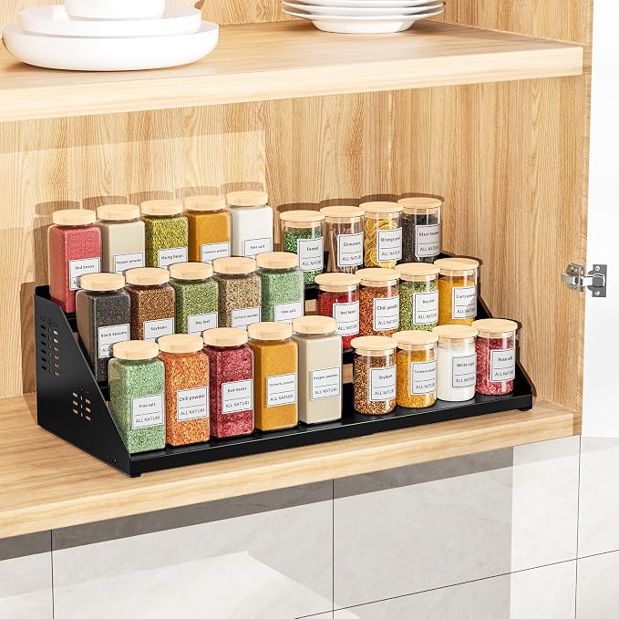 BOIVSHI 3 Tier Spice Rack for Cabinet, Adjustable Shelf, Black | Expandable Width 13"-22" Spice Organizer for Countertop, Step Seasoning Holder Metal Display Shelf for Jars, Pantry Storage - Image 2