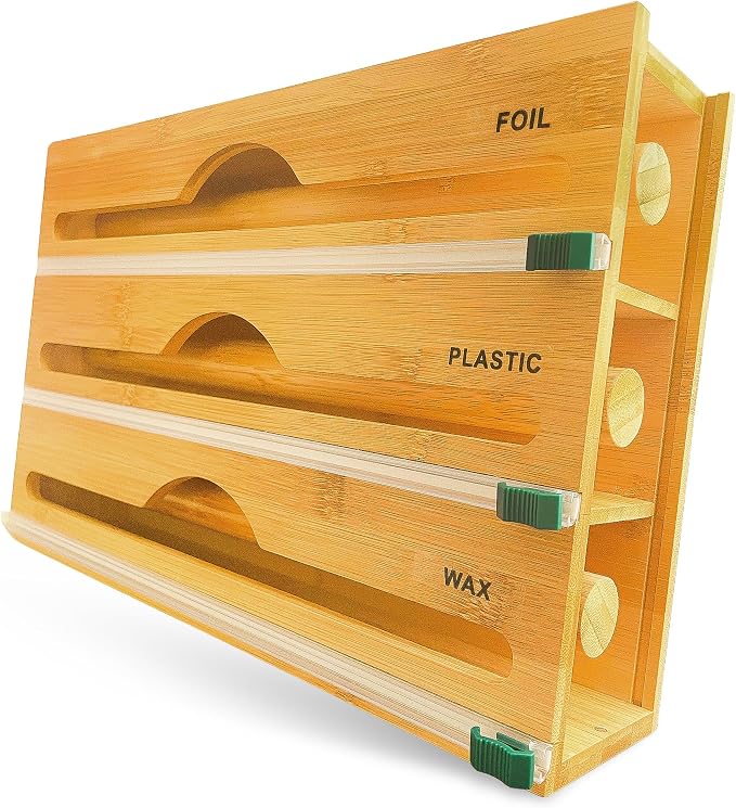3-in-1 Bamboo Wrap Organizer with Cutters, Labels, Interior Holders, Anti-Slip Pads - Kitchen Drawer, Pantry, Storage for Plastic Wrap, Aluminum Foil, Wax Paper, Kitchen Storage, 12" Roll Holder by Unknown