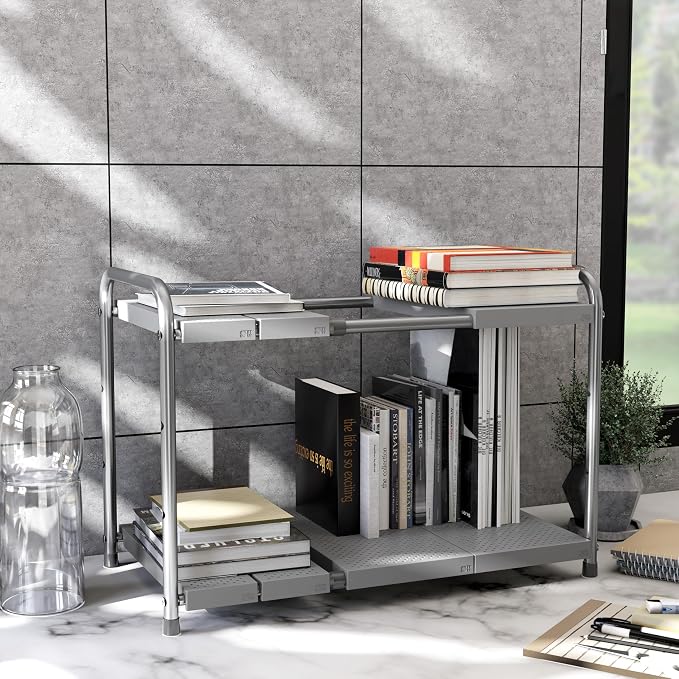 Simple Houseware Under Sink 2-Tier Heavy Duty Expandable Organizer, Silver | Adjustable Width 15.75–25 Inches with 4 Shelf Height Levels - Image 8