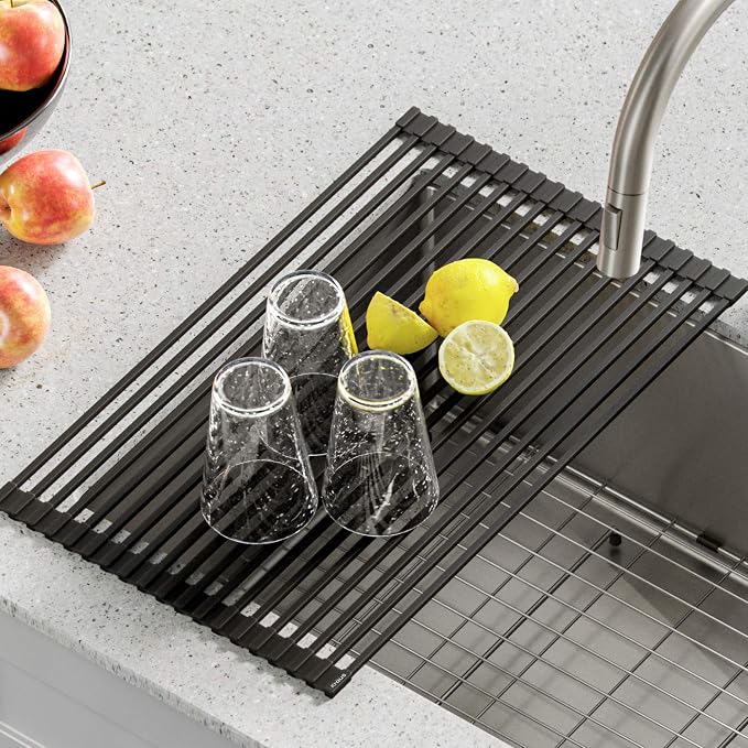 Kraus Multipurpose Over-Sink Roll-Up Dish Drying Rack, Colander and Trivet in Dark Grey, KRM-10DG - Image 2