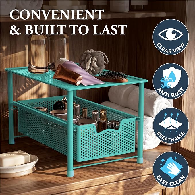 Simple Houseware Stackable Under Sink Sliding Basket Drawer, Turquoise | Perforated Free Standing Organizer, Kitchen/Pantry/Cabinet/Counter - Image 5
