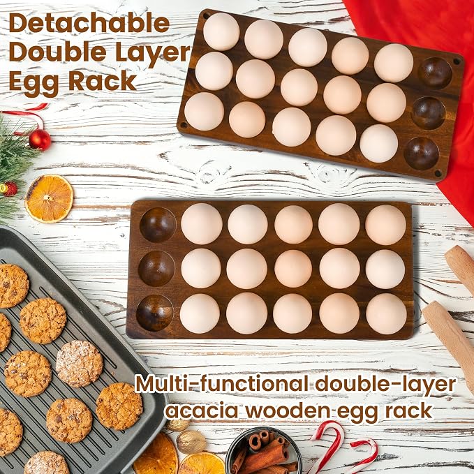 Sishynio 2 Tier Acacia Wood Egg Holder Countertop, 36 Egg Storage Rack | Double Layer Farmhouse Kitchen Egg Tray Organizer; Fresh Egg Storage Rack Basket for Countertop, Fridge, Cabinets and Pantry - Image 3
