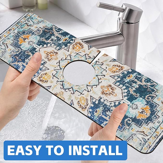 Oriental Blue Turkish Carpet Pattern Sink Faucet Absorbing Mat Sink Splash Guard Faucet Mat Draining Mat Fast Drying Sink Protectors for Kitchen and Bathroom 5.5"×15" - Image 6