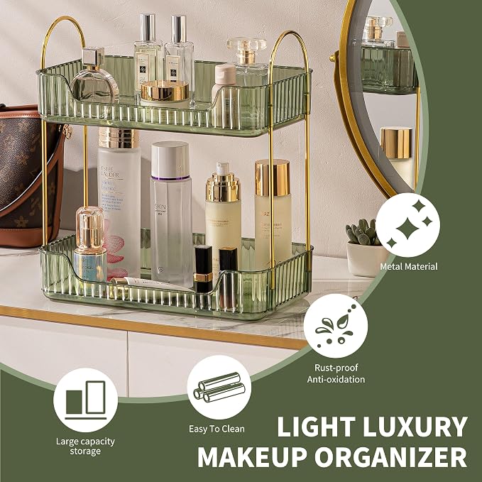 Akinbas 2 Tier Bathroom Organizer Countertop Makeup Perfume Tray Skincare Organizer for Bathroom Dresser Vanity (Green) - Image 3