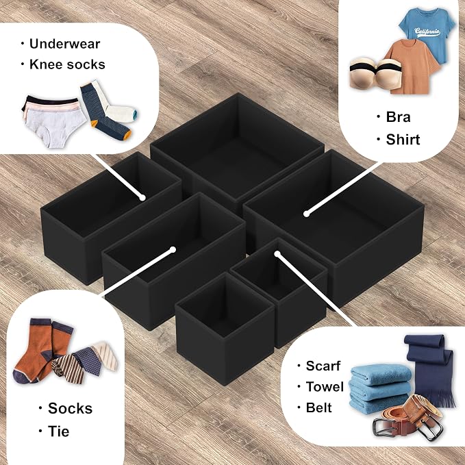 Simple Houseware Underwear Drawer Organizer, Set of 6, Black | for Lingerie/Undergarment/Bra/Panty/Sock/Onesie - Image 4