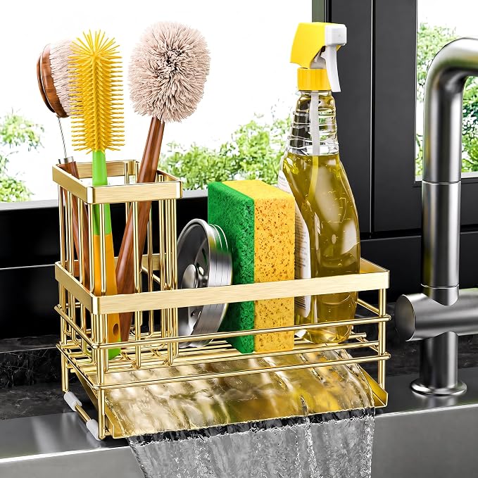 Cisily Gold Sink Caddy Sponge Holder for Kitchen with Brush Holder and Stainless Steel Self Drain Tray, Rustproof Kitchen Sink Organizer for Sponge, Soap Dispenser Storage Accessories by CISILYHOMELIFE