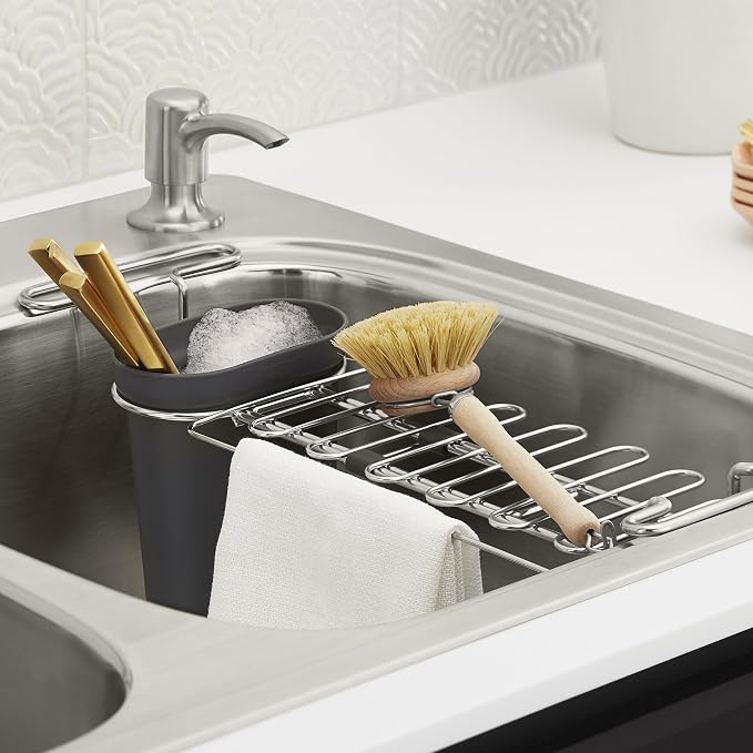 Kohler K-5473-CHR Multi-Purpose Over-The-Sink Drying Rack, Caddy with Kitchen Towel Bar Holder, Soaking Cup. Expandable 14.6" to 17.6", 17.625 x 5 x 5.25, Charcoal - Image 2