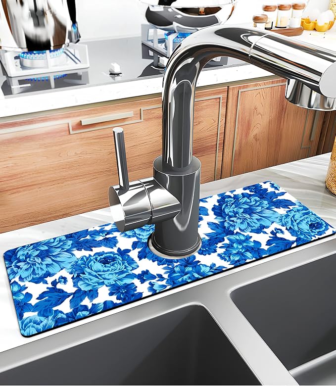 Kitchen Sink Splash Guard Faucet Mat Super Absorbent Fast Drying Mat Sink Gadgets Splash Guard Behind Faucet Drip Catcher for Kitchen (Blue Flowers, 15x5.5in) - Image 2
