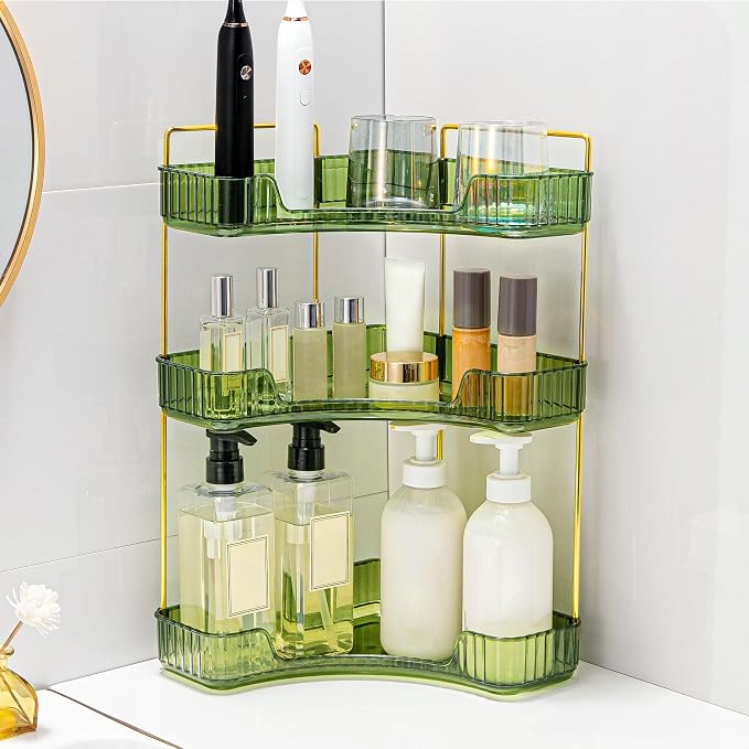 Corner Bathroom Counter Organizer Bathroom Countertop Shelf Makeup Organizer for Vanity Perfume Tray for Corner Storage (3 Tiers, Green) - Image 6