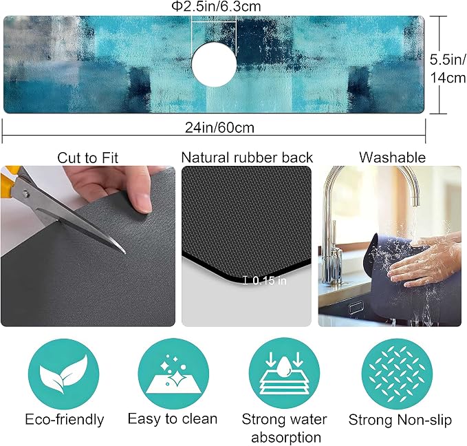 Kitchen Sink Splash Guard Faucet Mat Super Absorbent Fast Drying Mat Sink Gadgets Splash Guard Behind Faucet Drip Catcher for Kitchen (Blue, 23.5x5.5in) - Image 5