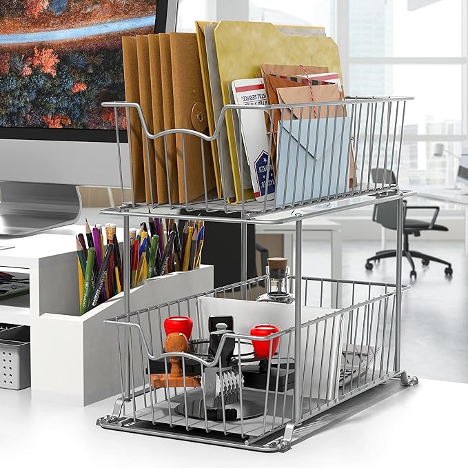 Simple Houseware 2 Tier Cabinet Wire Basket Drawer Organizer, Grey - Image 2