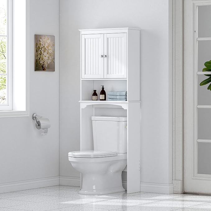 Spirich Over The Toilet Storage Cabinet with Doors, Bathroom Organizer | White, Adjustable Shelf, Anti-Tip Fitting, FSC-Certified MDF, Beadboard Design, 33.3" Toilet Clearance, Adjustable Crossbar - Image 4
