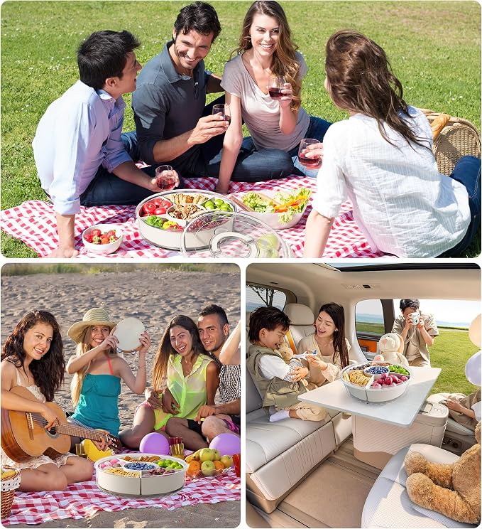 Divided Rotating Serving Tray with Lid and Handle, Portable Snackle Box for Fruits Snacks Veggie Charcuterie, Clear Lazy Susan Organizer and Fridge Storage Container for Adults Child (2PCS,12" L - Image 4