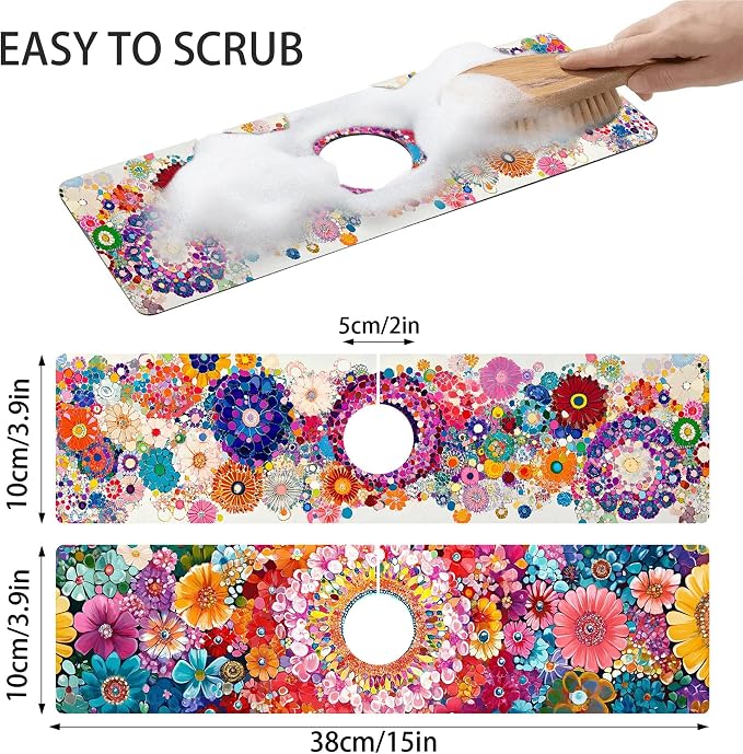 Bimkole 2 PCS Faucet Absorbent Mat, Kitchen Faucet Sink Splash Guard Wraparound Cloth Pads Drip Catcher for Sink Faucet for Kitchen Bathroom Faucet, Colorful Faucet Mat, 15 x 4 Inch Flower A3 - Image 2