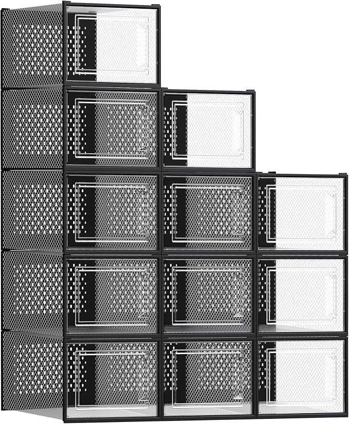 SONGMICS Shoe Boxes, Pack of 12 Shoe Storage Organizers, Stackable Clear Plastic Boxes for Closet, Sneakers, 13.7 x 9.9 x 7.4 Inches, Transparent and Black ULSP007B12 by Unknown