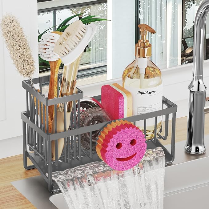 Sponge Holder for Kitchen Sink,Smiley Face Sink Caddy with Removable Brush Holder,Self-Draining Sponge Caddy for Soap,Dish Brush,Scrubber,Kitchen Essentials and Gadgets-Charcoal Gray by Taugast