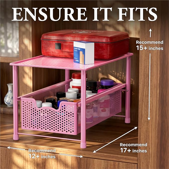 Simple Houseware Stackable Under Sink Sliding Basket Drawer, Pink | Perforated Free Standing Organizer, Kitchen/Pantry/Cabinet/Counter - Image 3