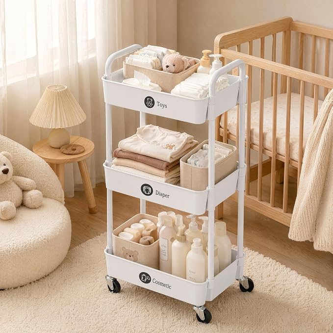 Laiensia 3-Tier Rolling Cart with Wheels,Multifunction Utility Storage Carts, Kitchen Storage Organizer,Mobile Shelving Unit for Bathroom,Laundry,with Classified Stickers,White (Pack of 2) - Image 6