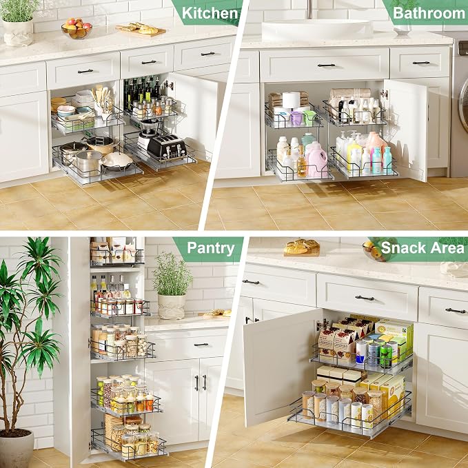 2-Tier Pull Out Cabinet Organizer (17" W x 22" D) | Soft Close Cabinet Slide Out Shelves, Heavy Duty Slide Out Drawers with Shelf Liner for Kitchen Cabinets, Pantry, Bathroom - Image 7