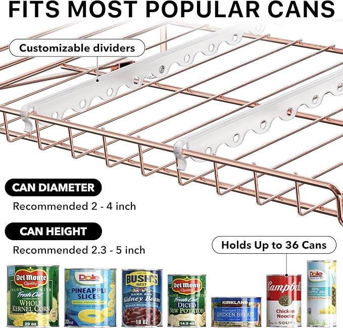 Simple Houseware 3-Tier Stackable Can Organizer Rack 36 Cans, Rose Gold | Can Food Storage Dispenser for Pantry/Cabinet, Adjustable Dividers – 11.5" D x 17" W x 13.75" H - Image 6