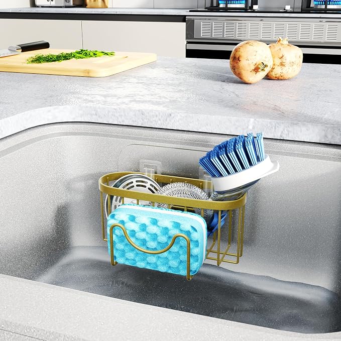 HapiRm Sponge Holder for Kitchen Sink - Unique M-Shaped Sink Caddy | Multifunctional, 2 Installation Ways, Rustproof Stainless Steel Kitchen Organizers and Storage Essentials, Dark Gold - Image 5