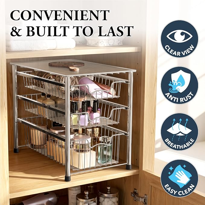 Simple Houseware Stackable 3 Tier Sliding Basket Organizer Drawer, Chrome (Pack of 2) - Image 5