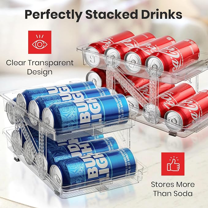 Expandable Soda Can Dispenser For Fridge - 2-Pack - Clear Transparent Soda Can Organizer For Refrigerator, Kitchen, and Pantry Storage Organizer for Cans, Beverage Bottle, Canned Food & Bottles - Image 3