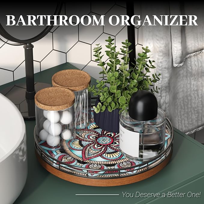 10.2-Inch Boho Lazy Susan with Oak Base and 3D Textured Ceramic Tile | Rotating tray with raised boho ceramic texture, oak base and walnut finish for dining tables, counters and coffee bars. - Image 5