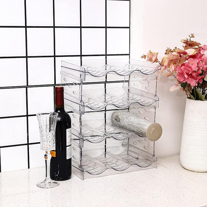 4 Pack Stackable Wine and Water Bottle Holder Free-Standing Fridge Wine Bottle Organizers Clear Plastic Water Bottle Holder for Cabinet,Refrigerator,Pantry,Kitchen Countertops,Holds 12 Bottles - Image 4