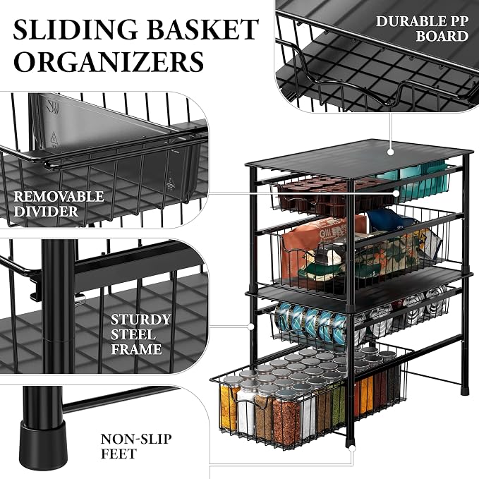 Simple Houseware Stackable Sliding Basket Organizer Drawer, Black, 2-Tier (Pack of 2) - Image 4