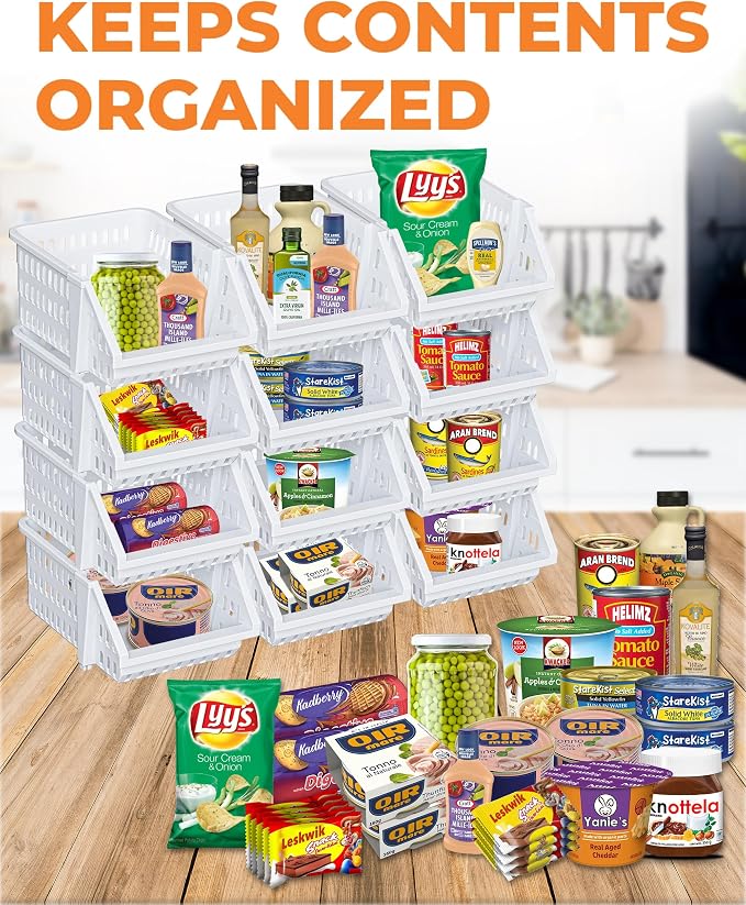 Small Stackable Storage Bins Open Front for Pantry Storage, 8 Pack - White | Sturdy Plastic, Easy Stacking, Open Front Access, Ventilated Sides, Vertical & Space Saving Pantry Organizers and Storage Bin - Image 3