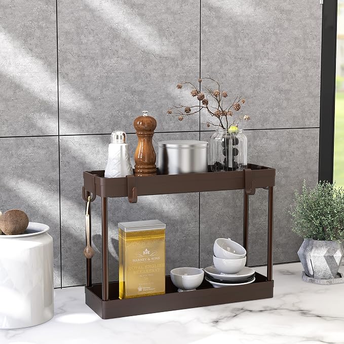Simple Houseware 2-Tier Under Sink Organizer Storage Tray with Hooks, Brown - Image 4