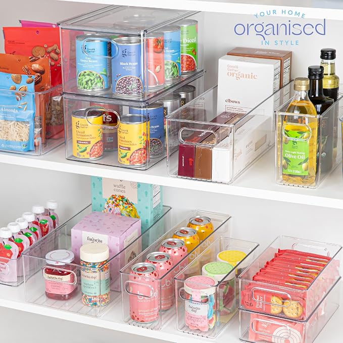 Plastic Food Storage 4 Pack Clear Container Bin with Handles for Organizing Kitchen, Pantry, Refrigerator, Freezer, Pantry, Cabinet, Closet, Bathroom. 16”x6”x5” - Image 7
