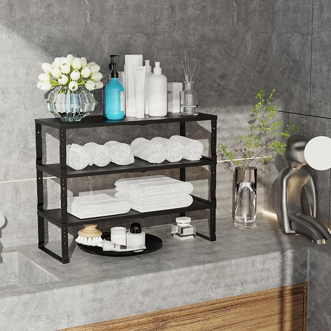 Jojocross Expandable Adjustable Stackable Kitchen Organizer, Spice Rack,Metal Pantry Storage Shelves Racks,Counter Shelf for Cabinets, Countertop, Cupboard(1 Pack/Large/Black) - Image 4