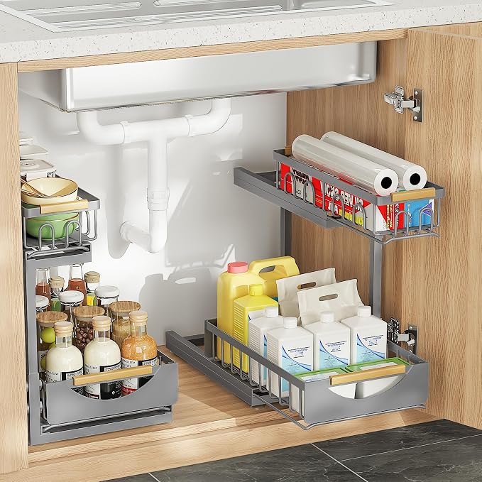 Under Sink Organizer and Storage for Bathroom and Kitchen - 2 Pack 2 Tier | Cabinet Pull Out Shelf Organizers - Slide Out Drawer Organization for Home Cabinets Shelves and Drawers by Aekenr
