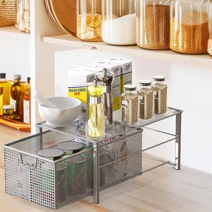 Deco Brothers Stackable Pull Out Cabinet Sliding Basket with Divider, Large | Under Sink Organizer, Silver - Image 4
