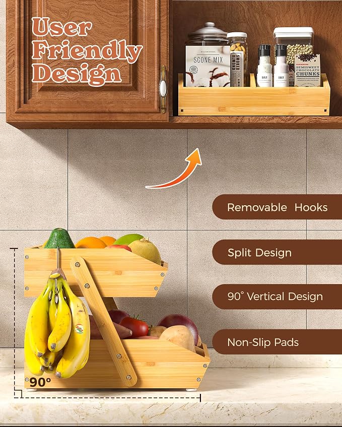 2-Tier Bamboo Fruit Basket with 2 Banana Holders | Large tiered organizer for bread, snacks, veggies. Sturdy bamboo, includes mats & dividers. Easy to assemble. - Image 6