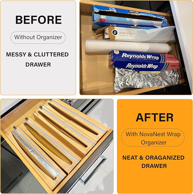 Wrap Organizer Dispenser with Cutter, (2 Piece Set), Fits 12" Rolls, Plastic Wrap, Aluminum Foil, Wax Paper, Saran Wrap, Cling Wrap Holder for Kitchen Storage, Mountable, Bamboo - Image 4