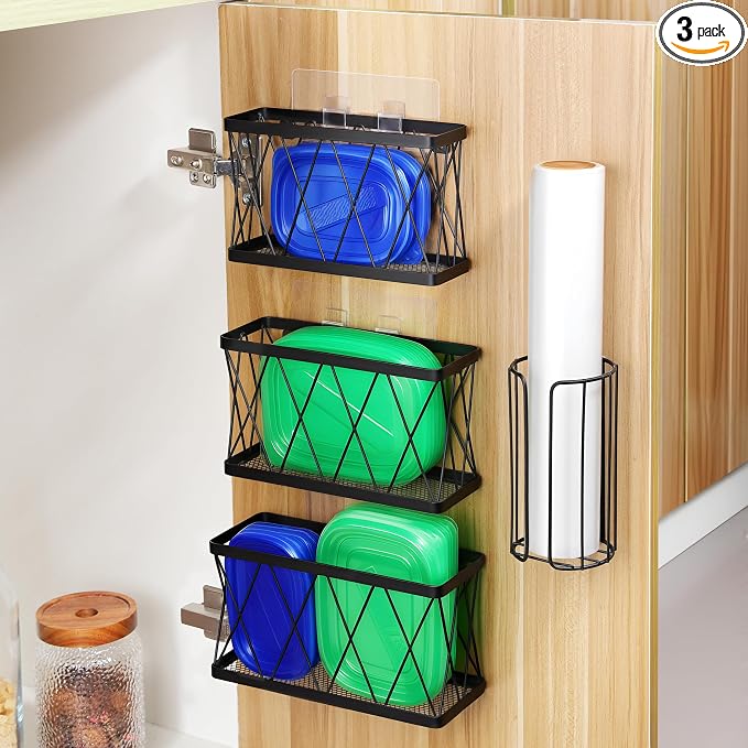 YIGII 3 Pack Adhesive Cabinet Organizer - Pantry Door Organizer Bin Holder for Tupperware Lid Kitchen, Black Stainless Steel by YIGII