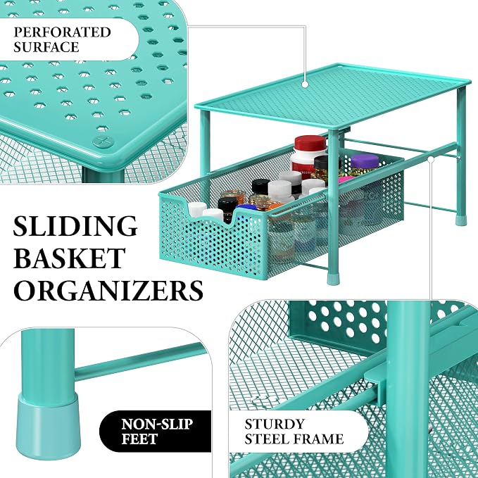 Simple Houseware Stackable Under Sink Sliding Basket Drawer, Turquoise | Perforated Free Standing Organizer, Kitchen/Pantry/Cabinet/Counter - Image 4