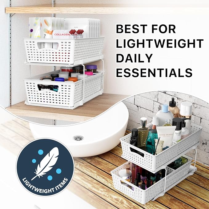 Simple Houseware 2 Tier Pull-Out Sliding Drawer Under Sink Storage, White | Great for Kitchen Bathroom Tray Shelf Organizer - Image 7