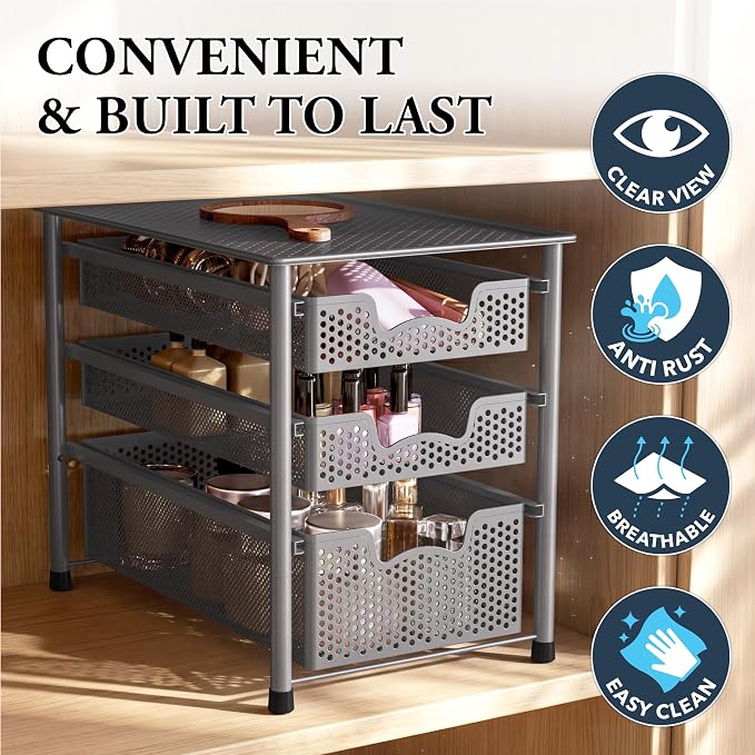 Simple Houseware Stackable 3 Tier Sliding Basket Organizer Drawer, Silver (Pack of 2) - Image 5