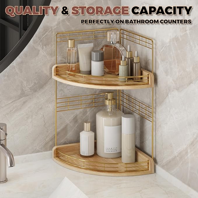 Bathroom Countertop Corner Organizer for Small Spaces, 2-Tier Counter Shelf | Oak Wood & Iron Counter Shelf for Sink & Vanity Corners, Skincare, Toiletries, Space-Saving, Compact Vertical Storage Natural - Image 2