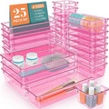 25 PCS Plastic Drawer Organizer Set, Makeup Organizers and Storage Bins | 4 Sizes Desk Drawer Divider Organizers and Storage Bins for Jewelry, Gadgets for Kitchen, Bedroom, Bathroom, Clear Pink by WOWBOX