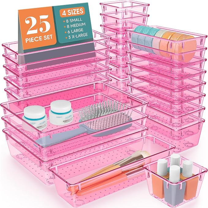 25 PCS Plastic Drawer Organizer Set, Makeup Organizers and Storage Bins | 4 Sizes Desk Drawer Divider Organizers and Storage Bins for Jewelry, Gadgets for Kitchen, Bedroom, Bathroom, Clear Pink by WOWBOX