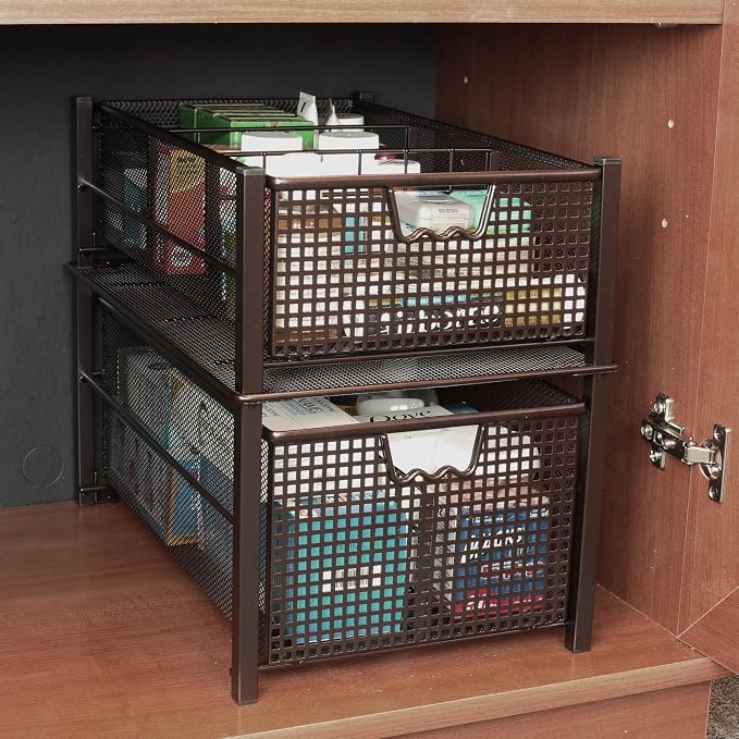 Deco Brothers Stackable Pull Out Cabinet Sliding Basket with Divider, Large | Under Sink Organizer, Bronze - Image 8