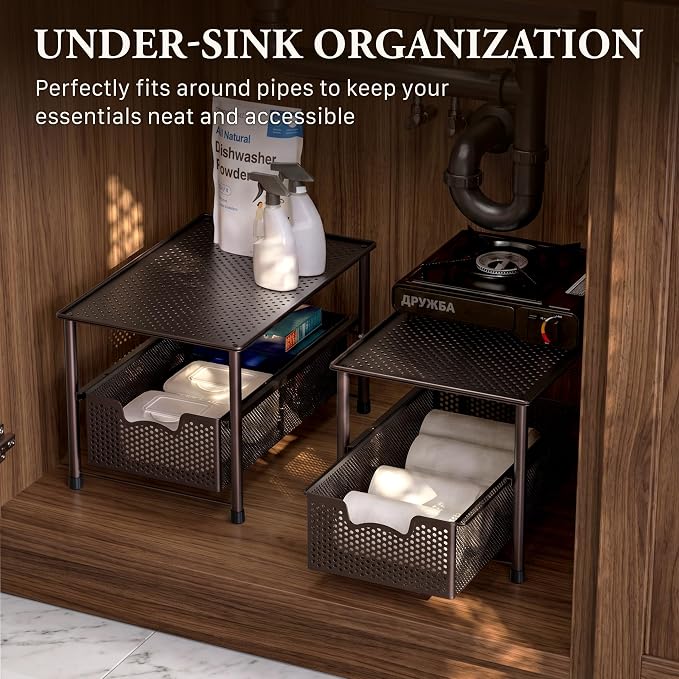Simple Houseware Stackable Under Sink Sliding Basket Drawer, Brown | Perforated Free Standing Organizer, Kitchen/Pantry/Cabinet/Counter - Image 6
