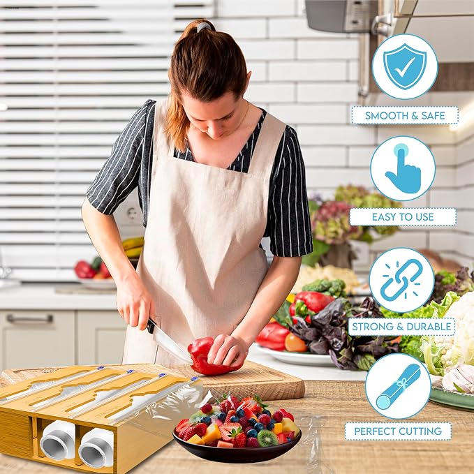 Bamboo Aluminum Foil Organizer & Plastic Wrap Dispenser with Cutter for 11" Rolls - 4 in 1 Parchment, Wax Paper & Saran Wrap Holder - Tin Foil Wrap Organizer for Kitchen Drawer, Countertop & Pantry - Image 4